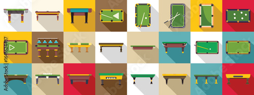 Billiard table icons set. Billiard tables are depicted in a flat design, showcasing different game setups and table styles