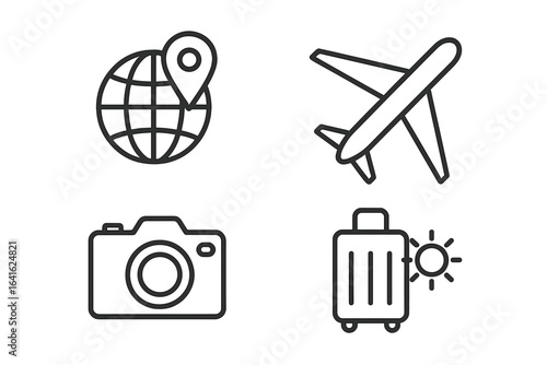 Travel and Tourism Concept Icons Set, Modern Line Style, Globe with Location, Airplane, Camera, Sun, Suitcase, Vacation Elements, Journey, Adventure, Booking, Minimal Web Design Resources