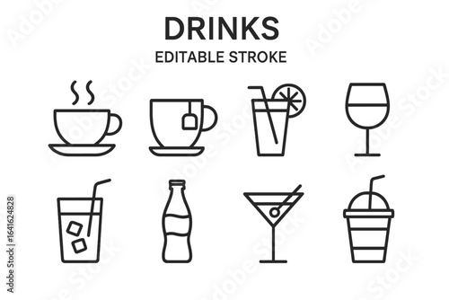 Drink and beverage line icon set. Simple outline symbols for cafe, bar, restaurant menu. Includes coffee, tea, juice, cocktail, wine, soda vector signs. Editable stroke.
