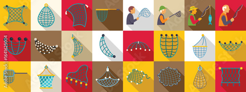 Fishing net icons set. Fishermen using fishing net for catching fish and different types of fishing nets icons set