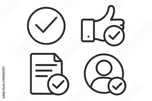 Approval checkmark icons set. Verified user, approved document, completed task, thumbs up, confirmation, success status, tick symbol. Outline vector concept for validation and authorization.
