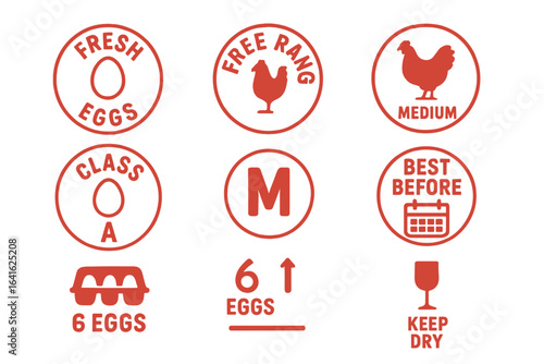 Fresh Egg Stamps Vector Set for Packaging. Free Range, Medium Size, Class A, Best Before, Keep Dry, Six Eggs Symbols. Food Label Icons for Chicken Egg Variety, Quality, Weight, Farm Method, Storage.