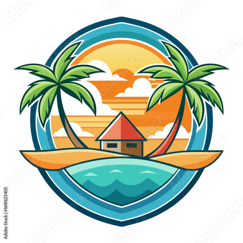 Vector art of charming tropical island scene with palm trees, a small beach house, and a vibrant sunset over the tranquil ocean, ideal for summer holiday and travel