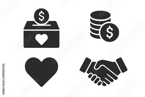 Fundraising and Charity Icon Set. Solid Vector Symbols Donation Box, Coins, Heart, Handshake. Nonprofit Organization, Volunteer, Support, Business Partnership, Financial Aid, Donation, Fund Drive