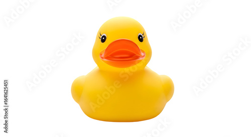 Yellow rubber duck toy with an orange beak, isolated on transparent background