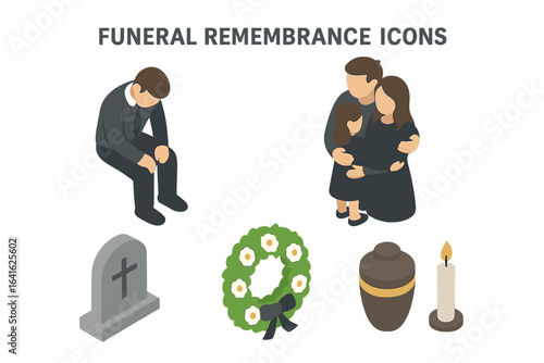 Isometric Funeral Remembrance Vector Icons Set. Grieving Mourners, Family Embracing, Gravestone, Wreath, Cremation Urn, Memorial Candle. Death, Mourning, Sympathy, Loss, Memorial Service, Comfort