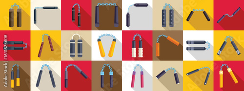 Nunchaku icons set. Collection of nunchaku icons representing a traditional asian weapon used in martial arts, showcasing various designs and colors