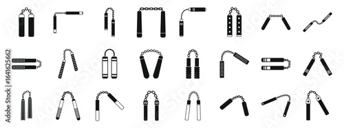 Nunchaku icons set. Collection of nunchaku icons in various styles, showcasing different designs of this traditional martial arts weapon