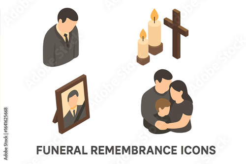 Funeral memorial isometric icons set. Mourning family embracing, grieving man, memorial photo, candles, cross. Sadness, loss, condolence, death remembrance flat vector illustration concept.