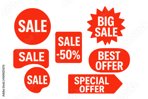 Set of red promotional advertising stickers with various shapes, sale and discount tags for shops and markets, vector elements on transparent background, marketing design elements