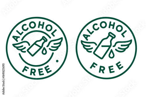 Alcohol free stamp set for product packaging. Non-alcoholic beverage label with flying bottle icon. Sober lifestyle symbol of liberation and freedom. Vector logo design.