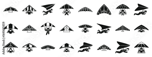 Hang gliding icons set. Set of hang gliding icons representing pilots flying in different positions, showcasing the dynamics of this extreme sport
