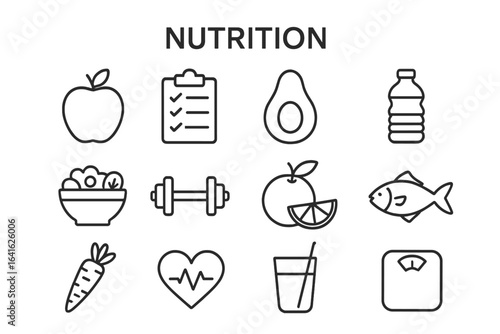 Nutrition and healthy lifestyle line icon set. Diet plan, fitness, and wellness concepts. Proper food, health care, and sport symbols. Outline pictogram collection.