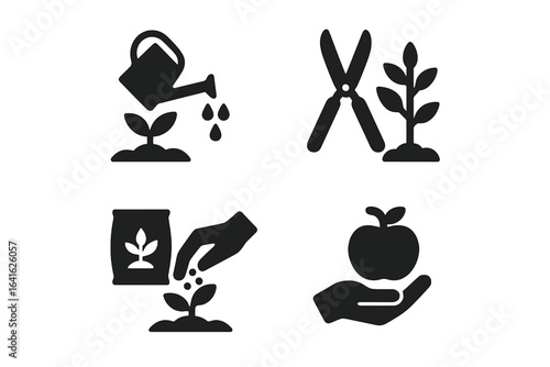 Garden Maintenance Icons Set. Solid Vector Collection of Gardening Tasks. Watering Plants, Pruning, Fertilizing, Planting Seeds, Harvesting Fruit. Seasonal Agriculture, Home Garden Tools Illustration.