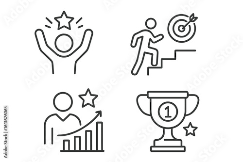 Success icons in outline linear style, achievement and goal setting, career growth, personal development, victory, reward, business progress, competition trophy, conceptual vector web icon set