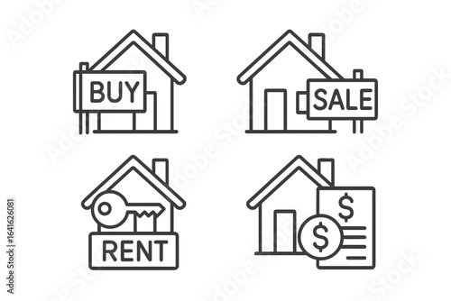 Set of linear line icons for real estate, house buying, selling, renting, mortgages, housing loans, property investment, home ownership, web outline pictograms, linear style vector set