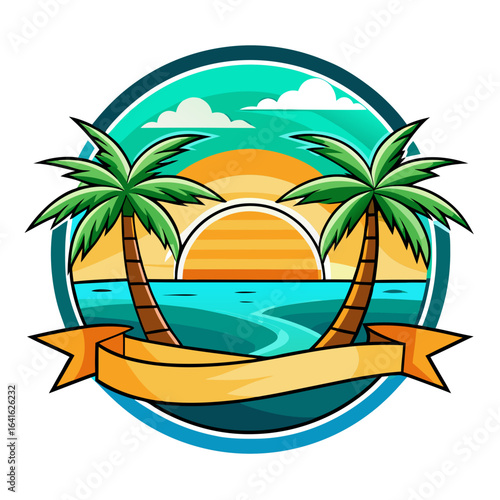 Vector art of tropical beach scene with palm trees and a vibrant sunset over the ocean, evoking a sense of paradise and vacation