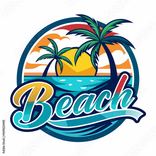 Vector art of vibrant circular logo featuring the word beach with a tropical sunset, ocean waves, and palm trees, evoking a summer vibe