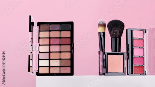 Minimalistic video of professional makeup tools concept. Blush, powder, brushes and eyeshadow palette on a stand on a pink background. Women's accessories, beauty products