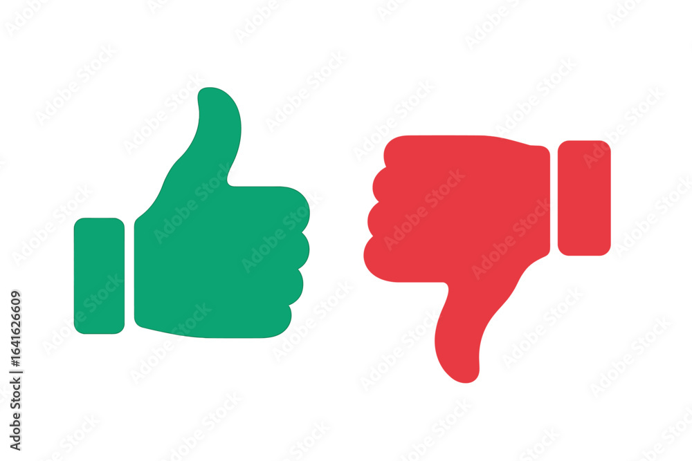 Thumbs up and thumbs down icon set. Green like and red dislike buttons. Yes and no vote symbols for feedback, review, and social media. Approve and disapprove flat vector. Thumbs up and thumbs down icon set. Green like and red dislike buttons. Yes and no vote symbols for feedback, review, and social media. Approve and disapprove flat vector.