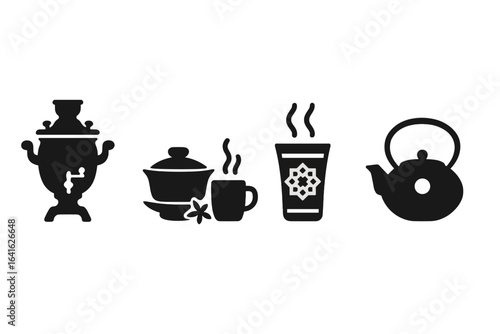 Global tea icons vector set. Solid silhouette tea culture symbols: Russian samovar, Chinese gaiwan, Indian masala chai, Moroccan mint glass, Japanese teapot. World tea traditions logo isolated.