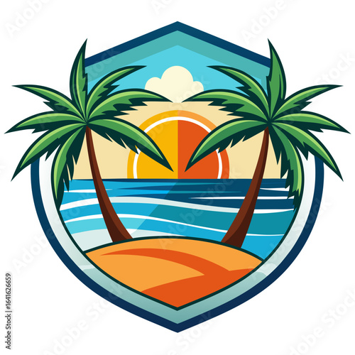 Vector art of tropical beach scene with palm trees, ocean waves, and a vibrant sunset or sunrise, evoking a sense of vacation and paradise