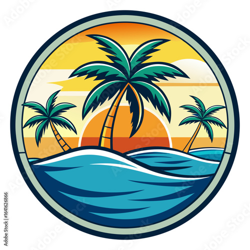 Vector art of stylized beach illustration with silhouetted palm trees on an island at sunset, showcasing ocean waves and a warm, inviting atmosphere