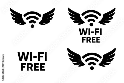 Free Wi-Fi vector icon set. Wireless internet symbol with wings for public hot spot access, connectivity, cafe, airport, restaurant, hotel, free Wi-Fi sign, mobile network concept illustration.