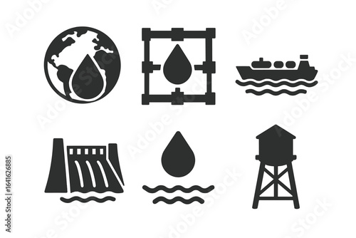 Global water supply and resources icon set. Solid filled glyph icons of water globe, pipeline, tanker ship, dam, and water tower for industry and environment concepts.