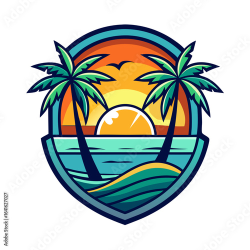 Vector art of tropical beach sunset with palm trees and ocean waves, a beautiful scenic view of a coastal paradise during summer vacation