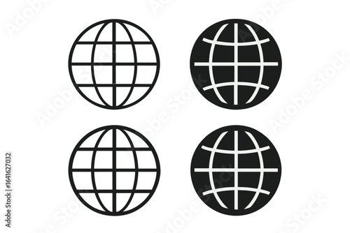 Global web network icons set. Vector flat linear and silhouette globe symbols with curved meridians and parallels. Worldwide connection graphic elements for internet, technology, web, communication.