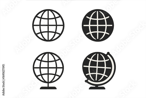 Black globe icon set. Flat linear web globe symbols with meridians. Editable vector elements. Silhouette isolated on transparent background for geography, education, world, earth, map concepts.