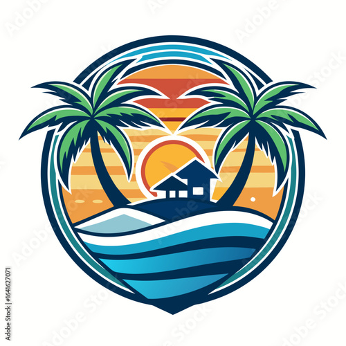 Vector art of tropical beach sunset with palm trees, ocean waves, and a small hut on the shore, representing a serene coastal getaway