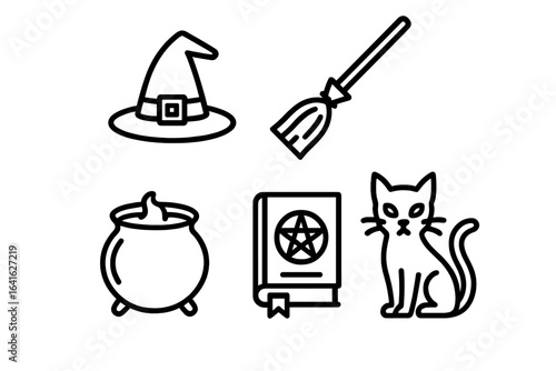 Gothic witch icons vector set featuring outline illustrations of classic witch costume accessories including pointed hat, broomstick, cauldron, spellbook, and black cat in dark mystical style