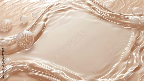 Abstract background in a water beige hue. The texture features waves and ripples of a cosmetic aqua moisturizer, complete with bubbles and an empty area for text or product.