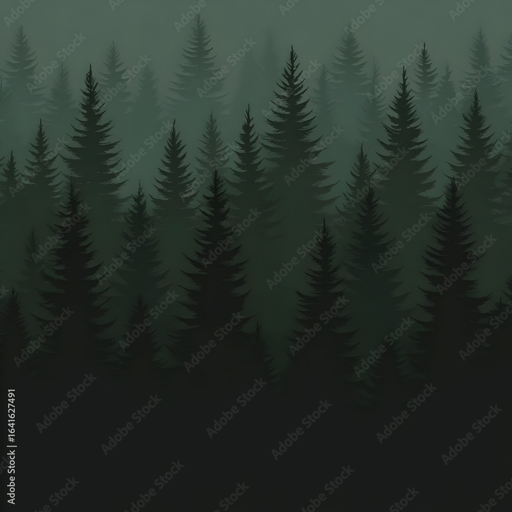Fototapeta premium Misty Forest Illustration Background - Pine Trees, Fog, Nature