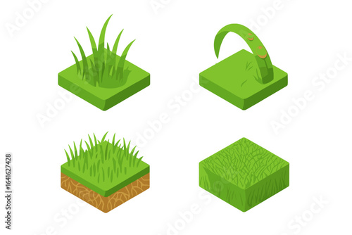Isometric Vector Grass Texture Icons Set. Realistic Lawn, Turf Patterns, Close-Up Grass Blades, Dew-Laden Leaf, Thatch Layer, Green Surface for Landscaping, Gardening, Nature Design Elements