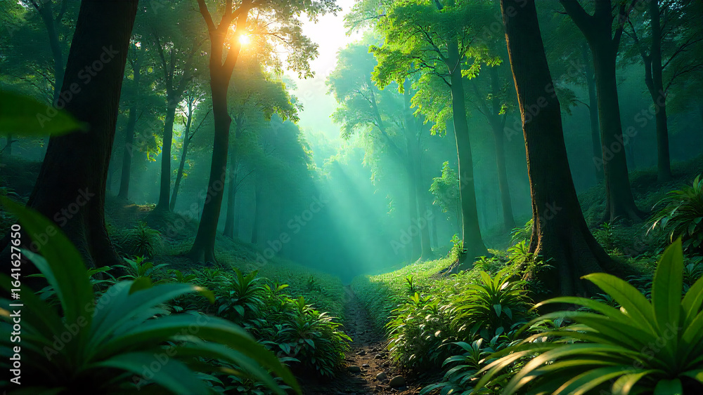 Fototapeta premium Sunlight Streaming Through Trees In A Lush Green Forest With A Winding Path Visible Ahead In The Distance