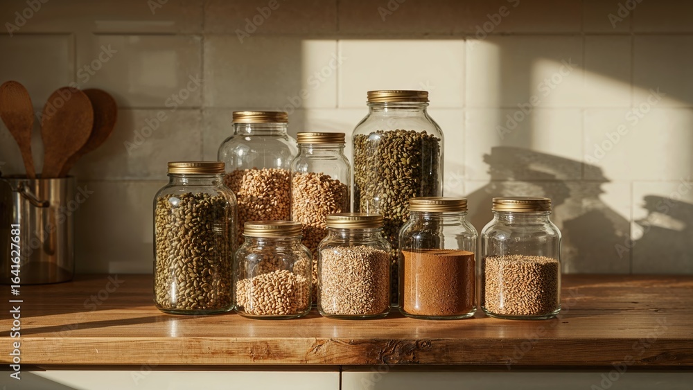 Various jars holding dry goods and kitchen accessories arranged on a work surface Various jars holding dry goods and kitchen accessories arranged on a work surface