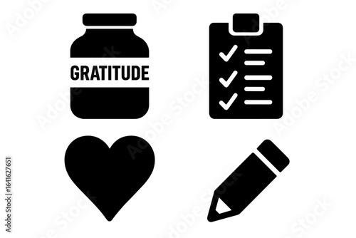 Gratitude and Intention Icons Set. Solid vector gratitude jar, checklist, heart, pencil. Positive mindset, mental health, wellness, goal setting, habit tracker, gratitude list, self-care symbols