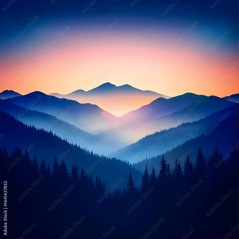 Fototapeta premium Illustration Background - Misty Mountain Sunrise Landscape