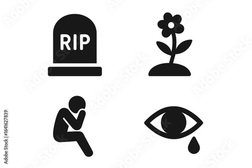 Grief and Loss Solid Icon Set with Gravestone, Memorial Flower, Grieving Figure, Crying Eye, and Empty Symbol – Filled Vector Illustrations for Emotional, Mourning, Sympathy Concepts