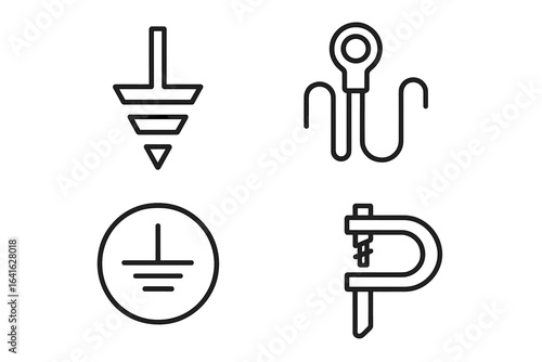 Electrical Grounding and Bonding Outline Icon Set. Vector Symbols: Ground Rod, Grounding Cable, Earth, Clamp. Schematic Industrial Electrical Safety, Power System, Installation, Black Line Transparent