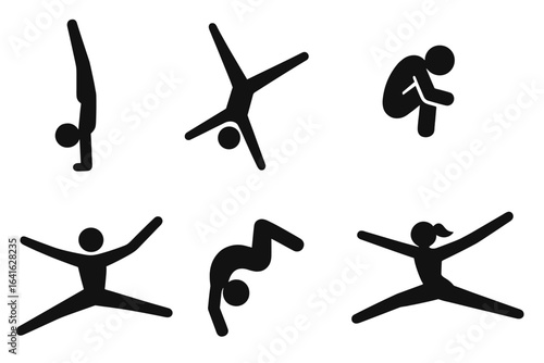 Gymnastics moves icon set. Solid filled pictograms of sport exercises. Handstand, cartwheel, somersault, split leap, backflip. Acrobatic vector silhouette symbol.