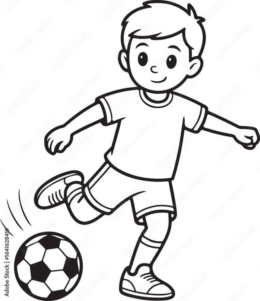 Obraz premium Cartoon Boy Kicking Soccer Ball Black and White Outline Vector Illustration