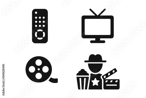 Entertainment and Leisure Icon Set. Vector remote control, TV, movie reel, actor, director, popcorn. Solid filled screen, film, cinema, media, home theater, people. Isolated illustration.