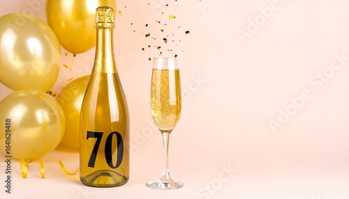 Champagne bottle and glass with number 70. Festive photo for birthday or anniversary party