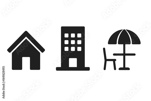 Modern lifestyle icons set. Home house silhouette, office building concept, outdoor cafe table with chair and umbrella. Urban living, work life balance, leisure environment. Stock vector illustration.