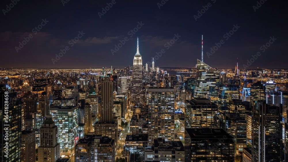 Fototapeta premium Nighttime panoramic of urban skyline with illuminated modern glass buildings