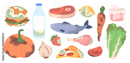 Cartoon expired products. Compost elements, organic waste. Unwise use of food resources. Fruits and vegetables with mildew, recycle waste racy vector set